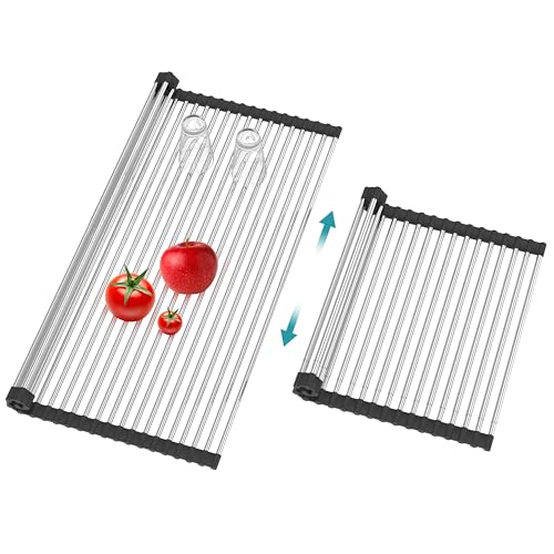 BBXTYLY Extra Large Expandable Roll Up Dish Drying Rack,Over The Sink Drying Rack Sink Cover Kitchen Sink Accessories Kitchen Rolling up Stainless Steel Drainer, Foldable,Rollable（Black，22.8''-17.3''） - color: Black, style: 22 tubes,expandable
