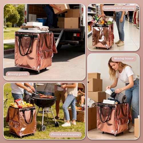 Reusable Grocery Bag Tote Bag with Wheels, Foldable Rolling Tote Bag with 3 Handles and Zipper - color: Rose Gold, size: Small