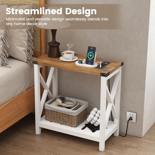 Hadulcet Farmhouse End Tables Living Room Set of 2, Narrow Side Table with Charging Station, Slim Nightstand for Small Space, Skinny Bedside Table, Sofa Side Table with Storage Shelf, White & Brown - color: White & Warm Brown