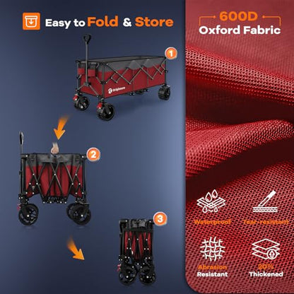 Originsure 300L Foldable Beach Wagon Cart with Big Wheels, 560lbs, Grey&Red | 48" Folding Utility Wagon,7" All-Terrain Wheels,Heavy Duty Frame,Compact&Space-Saving,for Camping,Sports,Grocery,Garden - color: Red&grey
