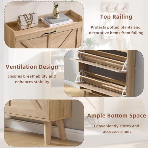 LEYAOYAO Shoe Cabinet Storage for Entryway with 2 Flip Drawers | Rack Narrow Organizer Slim Hidden Wood Shoe Cabinet Furniture - color: Natural
