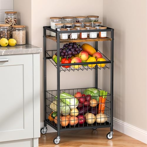 Fruit Vegetable Cart, 3-Tier Snack Cart on Wheels & Wood Top, Brown | Vegetable Rack For Kitchen, Kitchen Cart Organizer for Fruit, Vegetables, Potato, Snack - color: Brown, style: 3-Tier