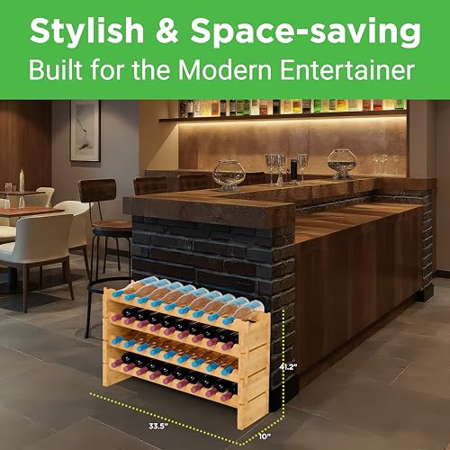 NutriChef 36 Bottle Wine Rack Stackable Bamboo Freestanding, 4-Tier Modular Shelf, Sturdy Wobble Free, Upgraded 2026 Design, Easy No-Tool Assembly for Kitchen, Cellar or Bar Storage 33.5" x 10" x 21" - size: 36 Bottle