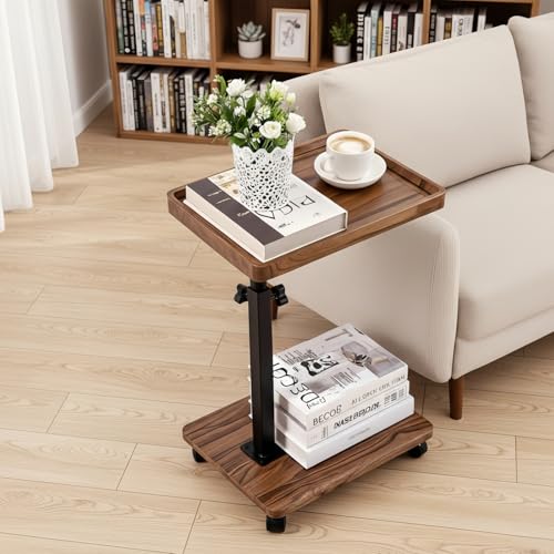 C Table End Table Adjustable Height,C Shaped End for Couch，Snack Tables,360°Swivel TV Tray Sofa Table,Tables that Slide Under,Coffee SideTable for Bed,Chair,Bath-tub,Outdoor(Walnut Color) - color: Walnut Color