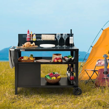 Royal Gourmet PC4401B 3-Tier Dining Cart with Wind Guard, Sturdy Structure and Ample Storage Shelves, for Indoor & Outdoor use，with Bottle Opener, Hooks, Wine Rack, Multifunctional Side Handle, Black | with Bottle Opener, Hooks, Wine Rack, Multifunctional