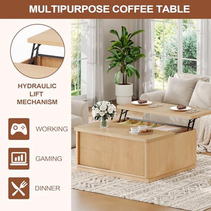 Itaar 39.4'' Lift Top Coffee Table with Storage, Fluted Coffee Tables for Living Room, Square Coffee Table with Large Hidden Compartment & 2 Drawrs & Adjustables Shelves, Oak - color: Oak