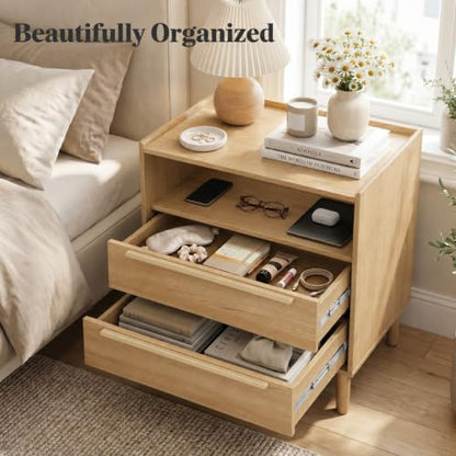 26 Inch Tall Natural Oak Nightstand with Charging Station, 2 Drawers | 24 inch wide, 16 inch deep design with raised-edge tray top, open shelf, hidden storage, and a lighter bedside feel - color: Natural Oak