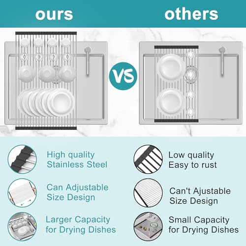 BBXTYLY Extra Large Expandable Roll Up Dish Drying Rack,Over The Sink Drying Rack Sink Cover Kitchen Sink Accessories Kitchen Rolling up Stainless Steel Drainer, Foldable,Rollable（Black，22.8''-17.3''） - color: Black, style: 22 tubes,expandable