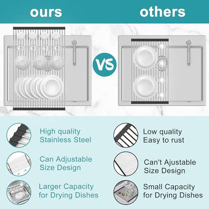 BBXTYLY Extra Large Expandable Roll Up Dish Drying Rack,Over The Sink Drying Rack Sink Cover Kitchen Sink Accessories Kitchen Rolling up Stainless Steel Drainer, Foldable,Rollable（Black，22.8''-17.3''） - color: Black, style: 22 tubes,expandable