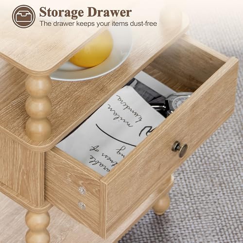 AWASEN Night Stand with Drawer, Bedside Table with Storage, 3-Tier Small Nightstand End Table for Bedroom with Solid Wood Spindle Legs, Rustic Walnut - color: Rustic Walnut