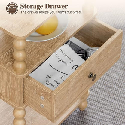 AWASEN Night Stand with Drawer, Bedside Table with Storage, 3-Tier Small Nightstand End Table for Bedroom with Solid Wood Spindle Legs, Rustic Walnut - color: Rustic Walnut