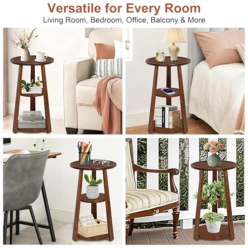 3-Tier Round Side Table, Solid Wood End Table & Nightstand for Small Spaces, Compact Accent Table for Living Room, Bedroom, Office (Red Brown Finish) - color: Red Brown