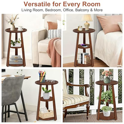 3-Tier Round Side Table, Solid Wood End Table & Nightstand for Small Spaces, Compact Accent Table for Living Room, Bedroom, Office (Red Brown Finish) - color: Red Brown