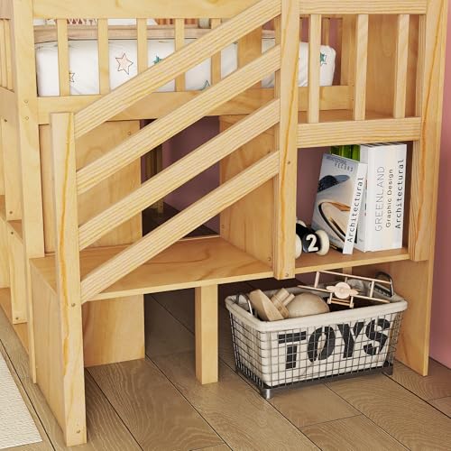 Twin Size Loft Bed with LED and Bookshelf, Wood Low Loft Bed with Stairs,Twin Loft Bed with Storage Drawers and Shelves, Natural