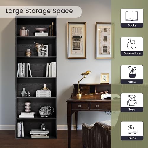 GRUSIGN 71" Tall 6-Tier Bookshelf, Large Open Display Bookcase with Ample Storage, Floor Standing Book Shelf for Living Room, Home Office, Bed Room, Black - color: Black