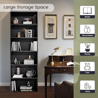 GRUSIGN 71" Tall 6-Tier Bookshelf, Large Open Display Bookcase with Ample Storage, Floor Standing Book Shelf for Living Room, Home Office, Bed Room, Black - color: Black