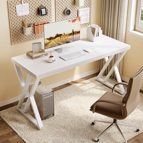 LITTLE TREE 55 Inch Large Simple Industrial Computer Desk Study Writing Table Home Office Workstation,White - color: White