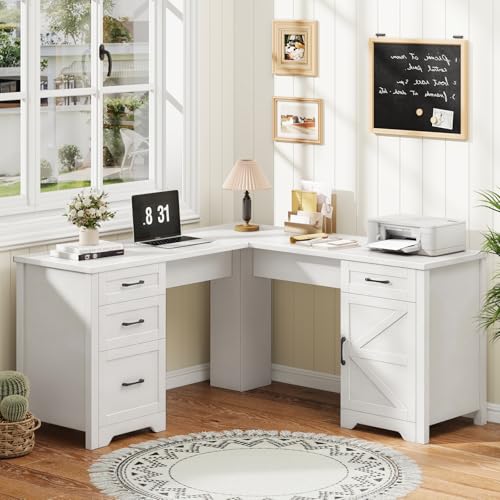 Halitaa 59” Farmhouse L Shaped Executive Desk with File Drawer, Cream White | Home Office Desk with Storage Cabinet, Wood Corner Sturdy Writing Workstation - color: Cream White, size: Cabinet on the Right