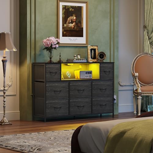 WLIVE Black Dresser TV Stand for 45, 50, 55 inch TV, Entertainment Center with LED Lights & Charging Station, Chest of Drawers with 8 Fabric Drawers and Open Shelves for Living Room, Hallway, Wood Top - color: Charcoal Black Wood Grain