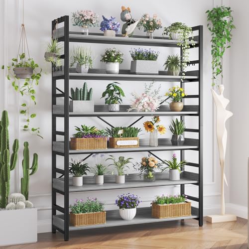 HCHQHS Bookshelf, Adjustable Industrial Bookcase, Vertical Tall Book Shelf, Wood and Black Metal Open Bookshelves for Home Office, Living Room, Bedroom (Grey, 6-Tier (47" W x 70" H)) - color: Grey, size: 6-Tier (47"W x 70"H)