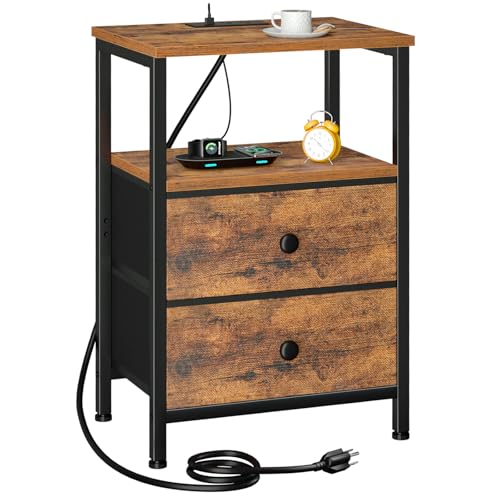 LOAKEKEL Night Stand, Nightstand with Charging Station, Slim Industrial Bedside Table with 2 Fabric Drawers, Small End Table with USB & Type-C Ports for Bedroom, Brown, HETS020BR-1 - color: Rustic Brown, style: Two-drawer