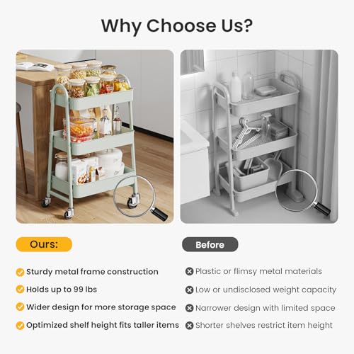 DUMOS 3 Tiers Metal Rolling Utility Cart with Lockable Wheels, Mobile Storage Organizer, Utility Shelving Unit for Kitchen, Office, Bathroom, Laundry, Narrow Places, Light Green - color: 3-tier Green