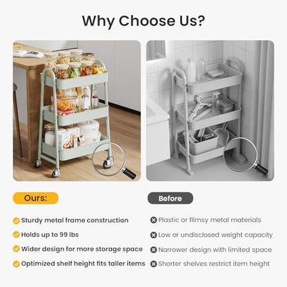 DUMOS 3 Tiers Metal Rolling Utility Cart with Lockable Wheels, Mobile Storage Organizer, Utility Shelving Unit for Kitchen, Office, Bathroom, Laundry, Narrow Places, Light Green - color: 3-tier Green