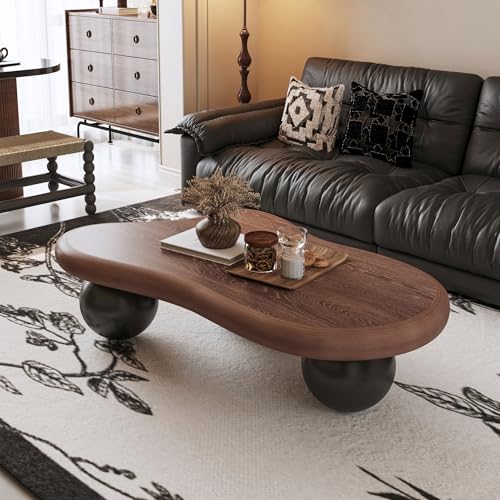 47.2” Walnut Cloud Coffee Table with 3 Ball Legs, Farmhouse Irregular Center Table for Living Room, Low Cute Small MDF Tea Table for Bedroom, Apartment-Walnut Black - color: Cloud-47" Walnut Black