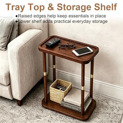 Narrow Side Table, 2-Tier Solid Wood Slim End Table for Small Spaces, 7.5-Inch Skinny Nightstand with Tray Top Storage Shelf for Bedroom, Living Room, Sofa Side, Red Brown - color: Red Brown