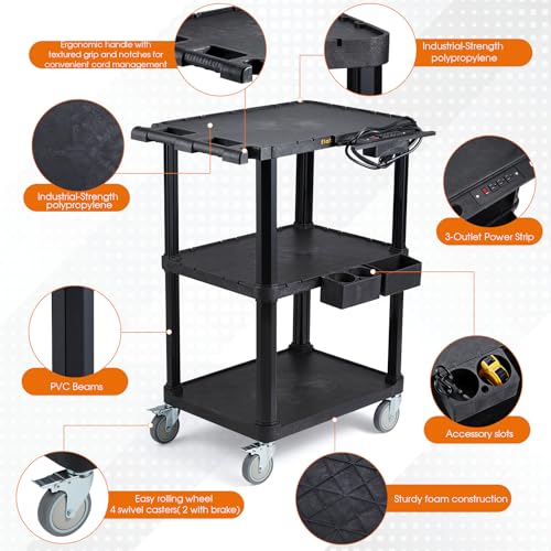 ELAFROS Heavy Duty 3-Tier AV Cart with Power Strip, 27.5 x 18.25 Inch, Industrial Plastic, 330 lbs Capacity, Flat Top Shelves with Swivel Wheels – Multipurpose Rolling cart - style: With Power Strip