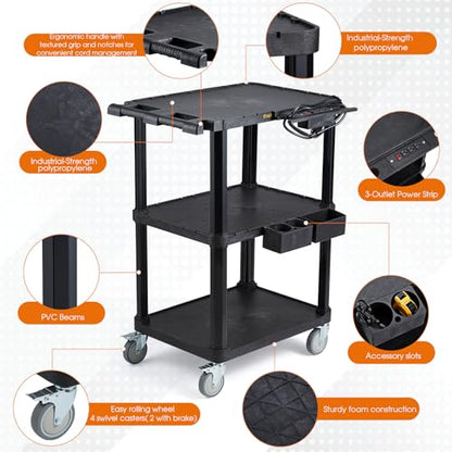 ELAFROS Heavy Duty 3-Tier AV Cart with Power Strip, 27.5 x 18.25 Inch, Industrial Plastic, 330 lbs Capacity, Flat Top Shelves with Swivel Wheels – Multipurpose Rolling cart - style: With Power Strip