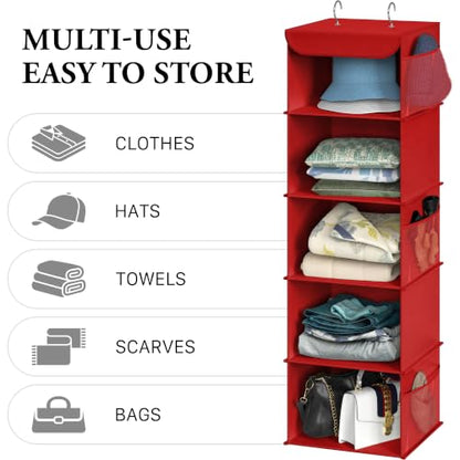 Simple Houseware 5 Shelf Hanging Closet Organizer, Red - color: Red, size: 5 Shelf
