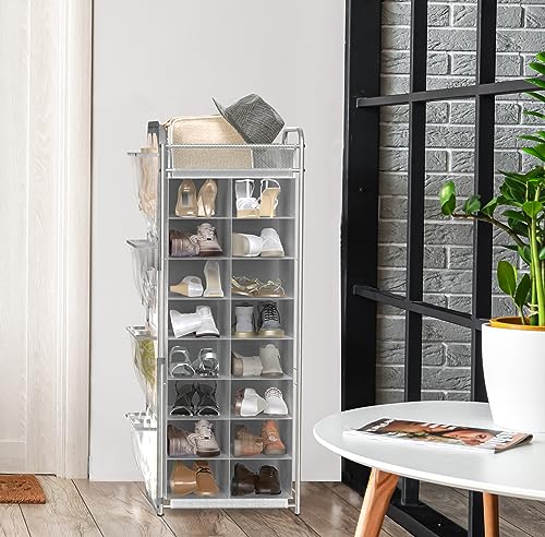 Simple Houseware 16 Cube Shoe Stand Tower Rack 8 Tier, Gray | Top Shelf and Side Hanging Pockets - color: Gray