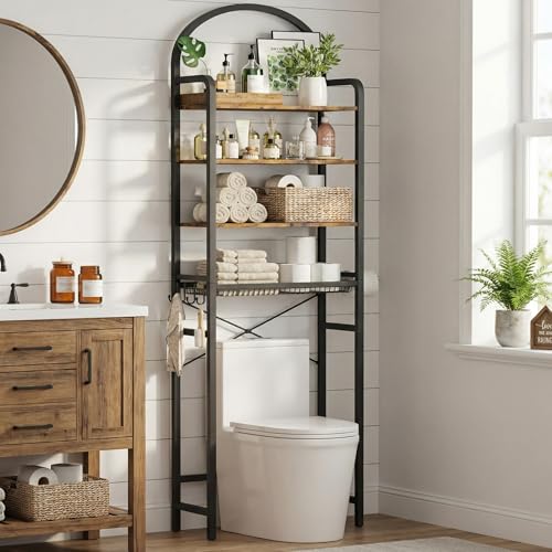 76" H Over the Toilet Storage Rack, 4-Tier Bathroom Organizer with Toilet Paper Holder & Hooks, Metal Frame with Wooden Shelves, Space Saver for Small Bathroom, Rustic Brown and Black - size: 4-tier