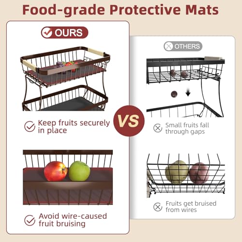 Sevenblue 2-Tier Fruit Basket with Banana Hangers, Detachable Metal Bowl | Wooden handle, protective mats included. Versatile holder for bread, snacks, and veggies. Extra Large 2 tier metal design. - color: Brown, size: 2 Tier Extra Large
