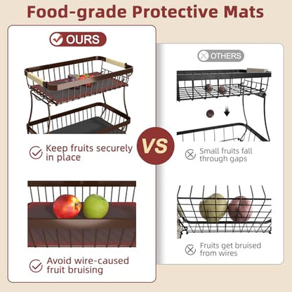 Sevenblue 2-Tier Fruit Basket with Banana Hangers, Detachable Metal Bowl | Wooden handle, protective mats included. Versatile holder for bread, snacks, and veggies. Large 2 tier metal design. - color: Brown, size: 2 Tier