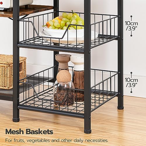 HOOBRO Large Bakers Rack with Power Outlets, 6-Tier Microwave Stand with 4 Hooks, Coffee Bar, Kitchen Shelf with Wire Basket, for Kitchen, Living Room, Office, Rustic Brown and Black BF64UHB01 - color: Rustic Brown + Black