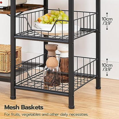 HOOBRO Large Bakers Rack with Power Outlets, 6-Tier Microwave Stand with 4 Hooks, Coffee Bar, Kitchen Shelf with Wire Basket, for Kitchen, Living Room, Office, Rustic Brown and Black BF64UHB01 - color: Rustic Brown + Black