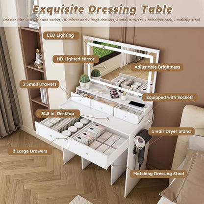 Vanity Desk with Large Mirror and Stool, Makeup Table with LED Lighted - 3 Color Models, Makeup Desk with 5 Drawers & Power Outlet & Hair-dryer Holder, Dressing Makeup Table for Home Apartment