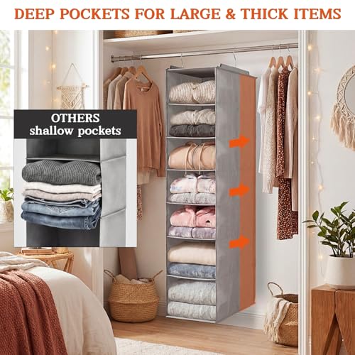 Deep Pocket Hanging Closet Organizer, 8 Tier Hanging Shoe Organizer | Adjustable Shelf Height Closet Organizers and Storage for Sweaters, Shoes, Hoodies & Blankets, Heavy Duty Hanging Shelves - size: Extra Deep