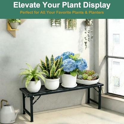 Foldable Plant Stand, No Assembly Heavy Duty Iron Plant Shelf, Rustproof Single Tier Plant Rack for Indoor Outdoor, Long Narrow Flower Stand for Patio Balcony Garden Living Room, 33" L x 9.7" W x 11.7" H - size: L33”xH11.7"xW9.7"