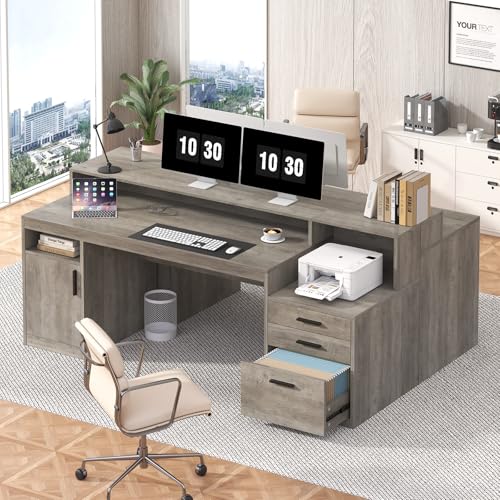 YOMILUVE Executive Computer Desk with 3 Drawers & Storage Shelves, 65 Inch Home Office Desk with File Drawer & Cabinet, Writing Study Desks with Monitor Stand & Printer Shelf, Executive Desk, Grey - color: Grey