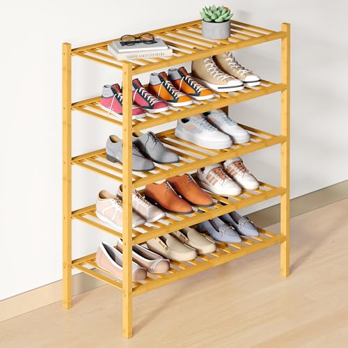 Smiry Bamboo Shoe Rack for Closet, 5 Tier Wooden Shoe Organizer, Stackable Wood Shoe Storage Shelf for Entryway, 14 Vertical Slats, 2+3 Stack Heavy-Duty Legs, 26.77"x11.02"x31.3", Natural - color: Natural, size: 5 Tier - Medium