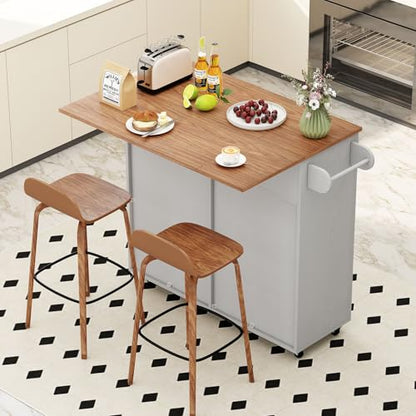 Giantex Kitchen Island Cart with Hidden Tilt Out Trash Can Cabinet, Drop Leaf, 2 Drawers, Towel Rack, Rolling Mobile Breakfast Bar Table, Wood Kitchen Storage Cart on Wheels (Grey & Natural) - color: Grey