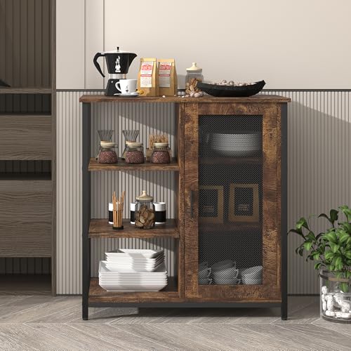LVSOMT Mini Coffee Bar Cabinet for Home Kitchen, 27.5'' Coffee Stand Station with Adjustable Shelves & Door, Farmhouse Sideboard Buffet for Small Space, Dining Room, Living Room, Industrial Brown - color: Brown