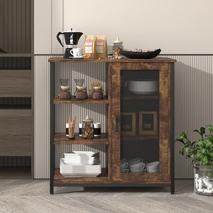 LVSOMT Mini Coffee Bar Cabinet for Home Kitchen, 27.5'' Coffee Stand Station with Adjustable Shelves & Door, Farmhouse Sideboard Buffet for Small Space, Dining Room, Living Room, Industrial Brown - color: Brown