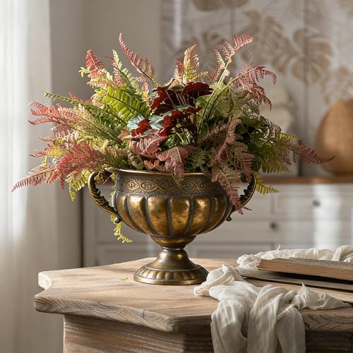 Vintage Urn Planter with Embossed Pattern, Decorative Flower Pot, Classic Round Plant Pot, European Shabby Chic Centerpiece for Mantel, Table, Entryway or Living Room Decor- Gold（13.6 * 11.9 * 8.5 in） - color: Gold