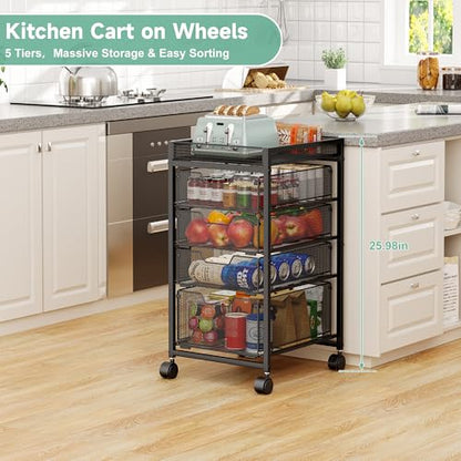 keomaisyto 5-Tier Kitchen Storage Cart with Top Basket & Drawers, Fruit and Vegetable Storage Rack on Wheels, Metal Rolling Cart with Drawers & Kitchen Organization for Snacks, Potatoes, Onions, Cans - size: 5-Tier