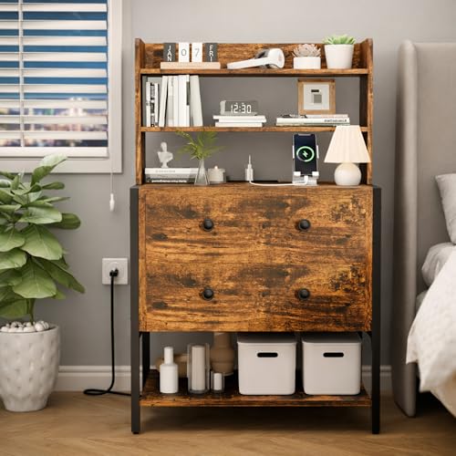 39 Inch Tall Nightstand with 2 Drawers & Charging Station, Brown | 4-tier Open Shelves, P2 Particle Board, Steel Frame, 2 AC Outlets, 2 USB Ports, Suitable for Dorm and Apartment - color: Retro Brown