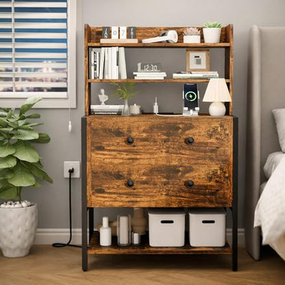 39 Inch Tall Nightstand with 2 Drawers & Charging Station, Brown | 4-tier Open Shelves, P2 Particle Board, Steel Frame, 2 AC Outlets, 2 USB Ports, Suitable for Dorm and Apartment - color: Retro Brown